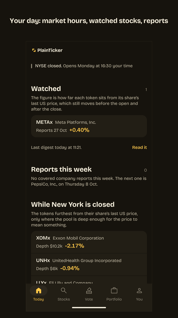 The Today screen: the NYSE opening time in your time zone, a watched token with its gap to the last US price, the next company report, and the tokens furthest from their share price while New York is closed.