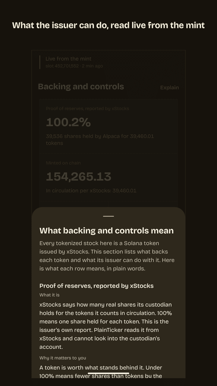 The sheet that explains backing and controls, opened over the stock page: what proof of reserves means and why it matters to you.