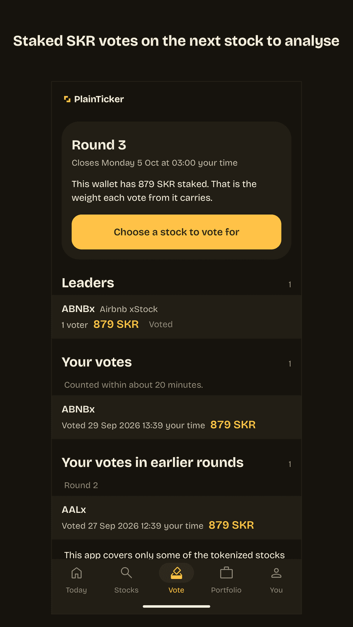 The Vote screen: the current round and when it closes, the SKR this wallet has staked, the leaders, and this wallet's votes in this round and earlier ones.